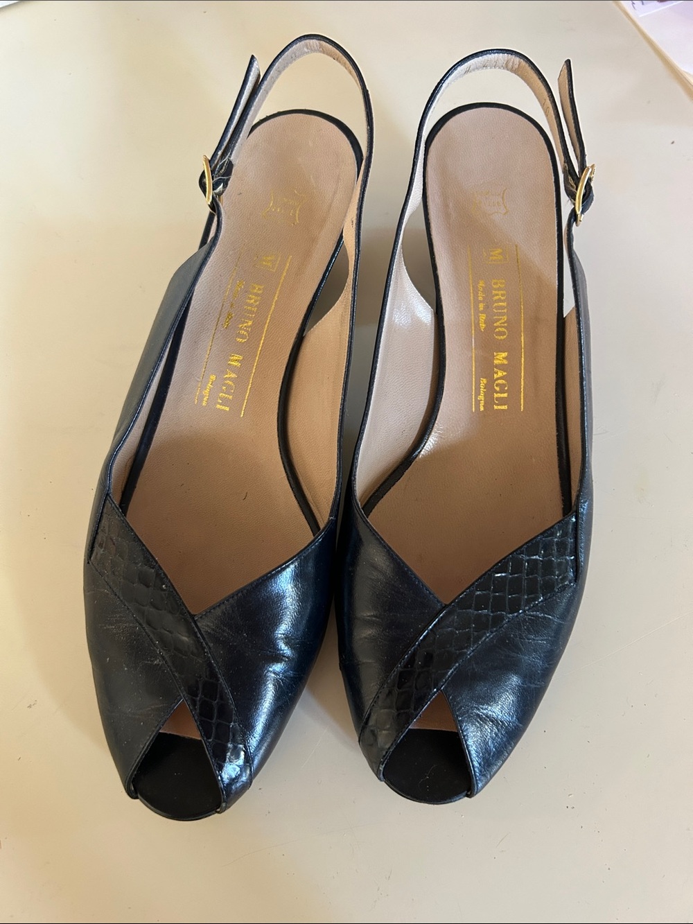 Bruno Magli Black Leather Peep-Toe Slingback Mules